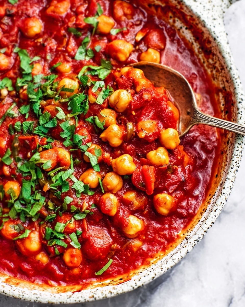 The image shows a close-up of a white speckled pot filled with thick red stew, mostly made of chickpeas and tomatoes in a rich tomato sauce. The stew has a slightly chunky texture with visible whole chickpeas and bits of tomato. On top, there is a garnish of fresh green herbs scattered around, adding a bright contrast to the deep red sauce. A silver spoon is partially dipped into the stew, resting on the pot’s edge. The background is a white marbled texture that enhances the vivid colors of the dish. Photo taken with an iphone --ar 4:5 --v 7