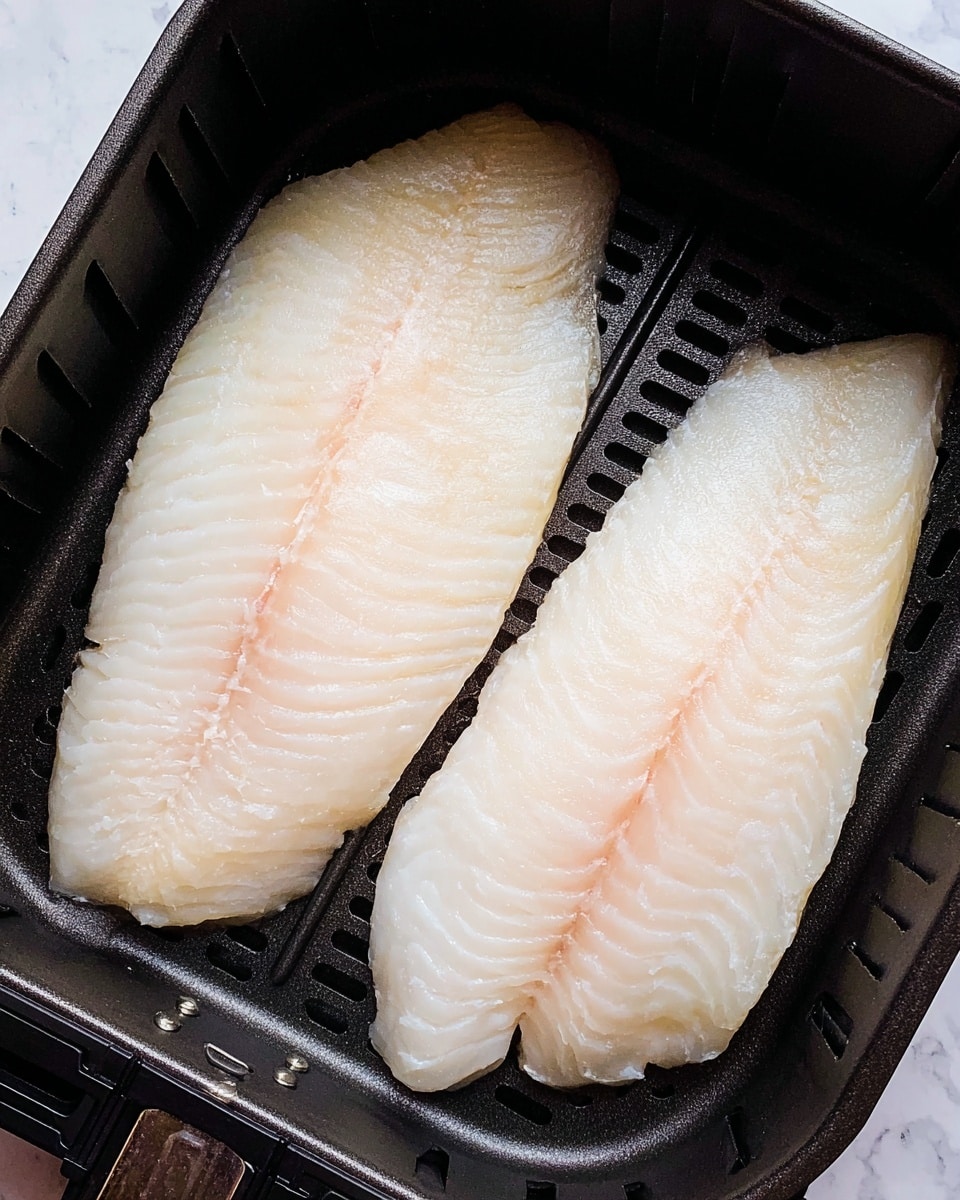 Two large raw fish fillets lie flat side by side in a black air fryer basket with a perforated base. Each fillet is thick, pale white with faint pink lines running vertically down the middle, showing a smooth and moist texture. The edges of the fillets curve gently and the surface shows light ridges and subtle shading. The black basket contrasts with the white fish, emphasizing their fresh, clean look. The whole scene is set on a white marbled texture. photo taken with an iphone --ar 4:5 --v 7