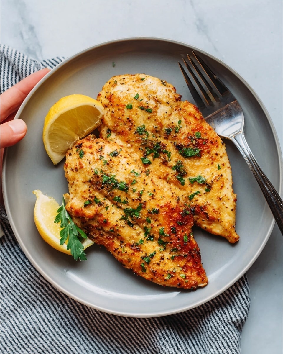 A white plate holds two golden-brown cooked chicken fillets, each sprinkled with small green herbs on top. A fresh yellow lemon wedge sits near the chicken on the side of the plate. The plate rests on a white marbled surface with a striped cloth partially visible underneath. A woman's hand holds a fork near the bottom edge of the image. photo taken with an iphone --ar 4:5 --v 7