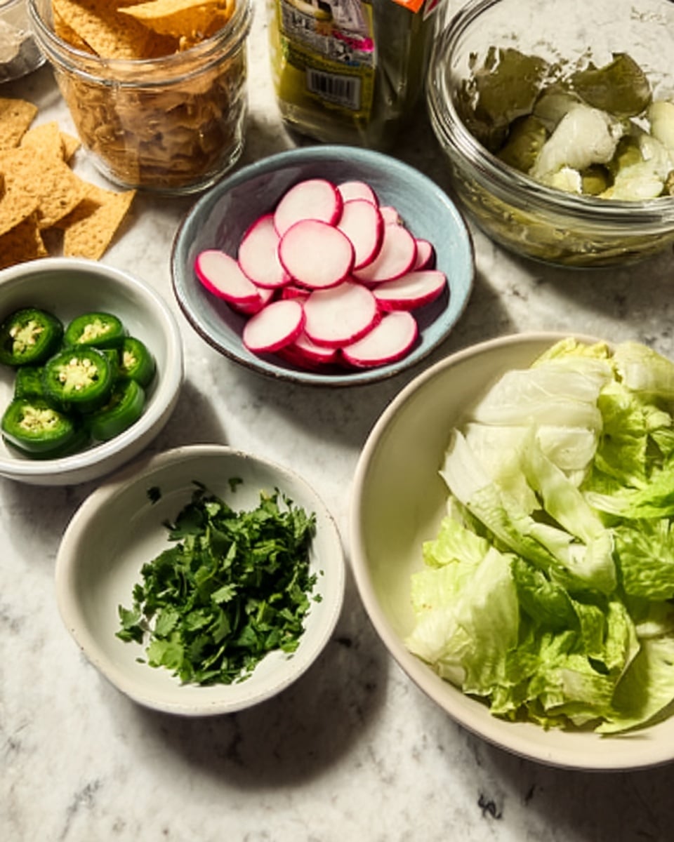 The image shows six small white bowls and plates arranged on a white marbled surface. One round white bowl holds light green leafy lettuce on the right side. Below it, a small white bowl contains sliced radishes with bright pink edges and white centers. To the left, a white bowl has sliced light green jalapeños. A white plate at the bottom left contains fresh, finely chopped green cilantro. There is a larger jar with a greenish filling in the background, along with a partially visible bag of tortilla chips. The scene has a casual kitchen feel with a focus on fresh, colorful ingredients. Photo taken with an iphone --ar 4:5 --v 7