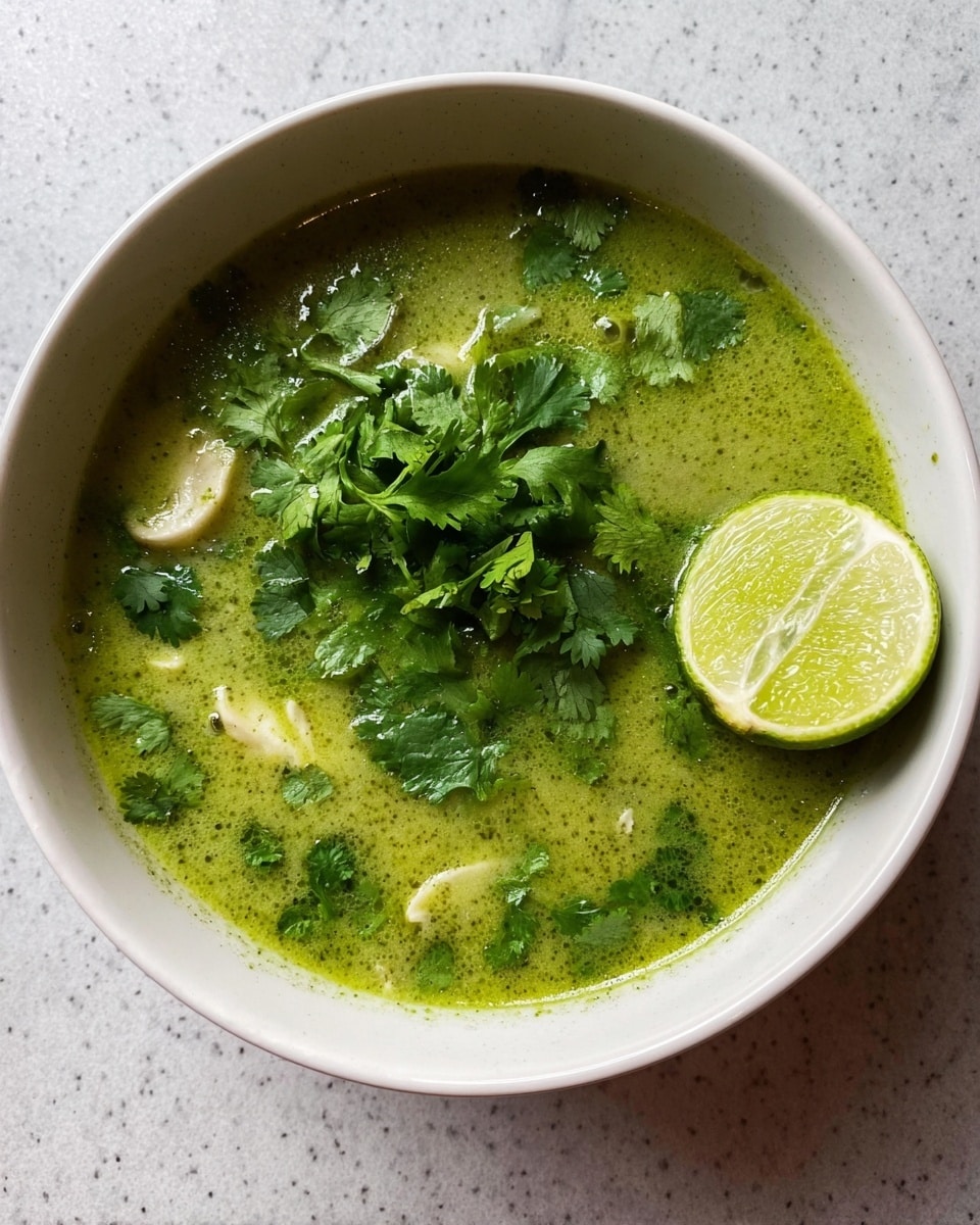 A white bowl filled with a thick green soup that has a smooth texture with some small chunks visible, mostly covered by a layer of fresh green cilantro leaves scattered on top. On the right side of the bowl, a halved lime with a bright green rind and pale green inside rests partially in the soup. The bowl is placed on a white marbled surface. photo taken with an iphone --ar 4:5 --v 7
