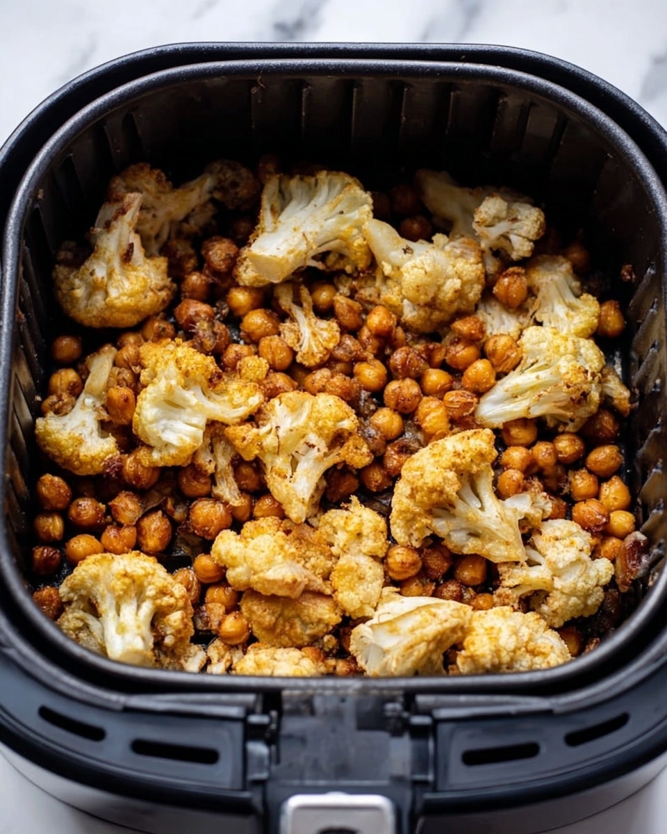 The image shows a black air fryer basket filled with cooked cauliflower and chickpeas. The cauliflower pieces are light golden brown with some crispy edges, and the chickpeas are a darker golden color, mixed evenly throughout the basket. The texture looks crunchy, and the dish appears well roasted with a slight shine indicating oil. The basket sits on a white marbled surface photo taken with an iphone --ar 4:5 --v 7