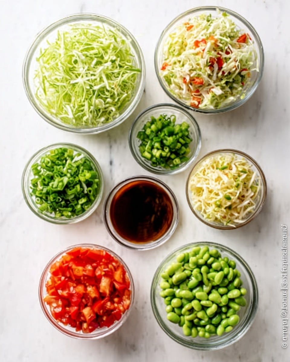 The image shows nine small clear glass bowls arranged on a white marbled surface, each filled with a different chopped ingredient. Starting from the top left and moving clockwise: a bowl of shredded light green lettuce, a bowl of finely chopped white and light green cabbage with some red bits, a bowl of chopped dark green leaves, a bowl of bright green peas, a bowl of pale yellow shredded vegetable (possibly cabbage), a bowl of small green beans or edamame, a bowl of chopped bright red tomatoes, and a bowl of a dark brown liquid sauce in the center. The colors are fresh and vibrant, and the glass bowls allow a clear view of each ingredient. Photo taken with an iphone --ar 4:5 --v 7