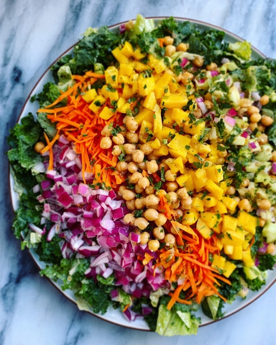 A colorful salad displayed on a white plate resting on a white marbled surface. The base layer is bright green chopped leafy greens covering the entire plate. On top, there are scattered small cubes of yellow mango or squash, orange carrot ribbons, light beige chickpeas, finely diced red onion, and tiny pieces of bright green herbs spread evenly. The mix of colors creates a fresh, vibrant look with varied textures from soft cubes to crunchy ribbons. photo taken with an iphone --ar 4:5 --v 7