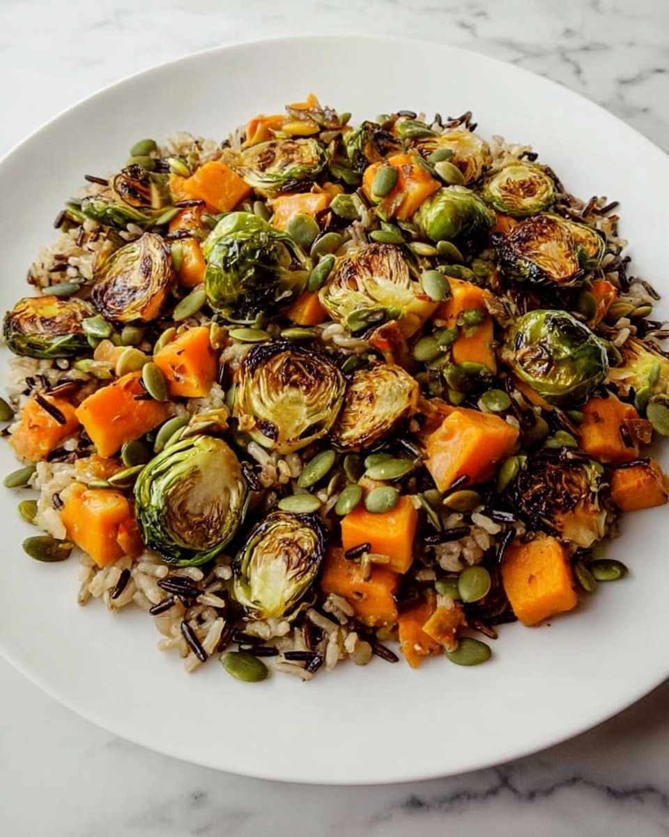 The image shows a white plate filled with a colorful mix of roasted brussels sprouts, diced sweet potatoes, wild rice, and green pumpkin seeds. The brussels sprouts are browned with a caramelized texture on the edges, scattered across the top and sides. Bright orange cubes of sweet potatoes are mixed evenly through the rice, which has a mix of white and dark grains, creating a varied texture. Green pumpkin seeds add a shiny, smooth layer sprinkled over the dish. The plate is placed on a white marbled surface. photo taken with an iphone --ar 4:5 --v 7