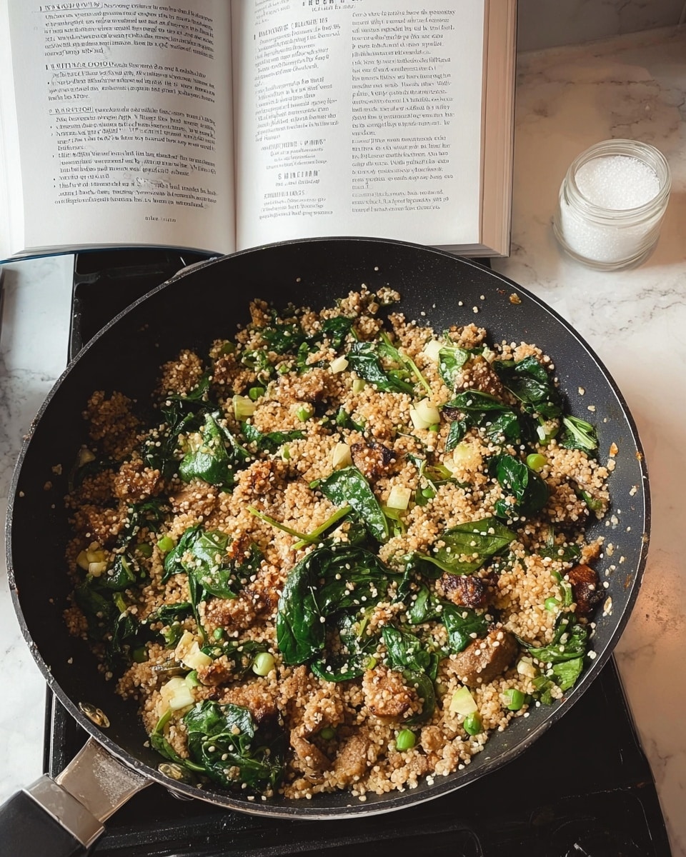 A black skillet filled with a cooked mixture mainly made of small, round grains that are light tan in color, mixed with green leafy pieces scattered throughout, some of which are wilted and some still fresh and bright green. Among the grains and greens, there are browned chunks that look like cooked meat or sausage, adding texture and color contrast. The skillet sits on a gas stove with a few crumbs and bits around the burner. To the right of the skillet, there is a white container of iodized salt, and behind the skillet, an open cookbook with visible text and recipe instructions is propped up on the stove. The overall scene is set on a white marbled texture surface. photo taken with an iphone --ar 4:5 --v 7