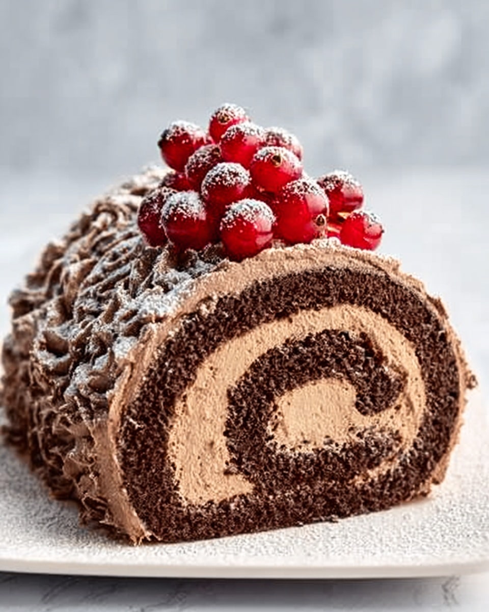 The image shows a chocolate roll cake on a white plate with a white marbled background. The cake has four visible layers: a dark brown chocolate sponge cake rolled with a smooth, light brown chocolate cream filling. The outer layer is covered with a textured light brown chocolate frosting. On top, there is a cluster of bright red cherries with a light dusting of powdered sugar. The photo is taken with an iphone --ar 4:5 --v 7