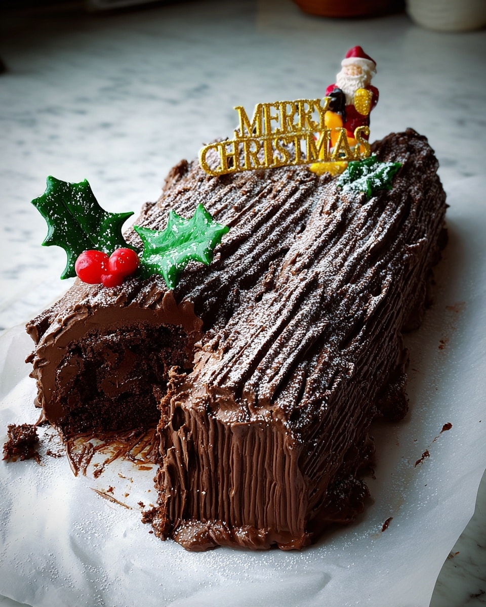 A chocolate log cake sits on white parchment paper, with a thick, rough layer of dark chocolate frosting covering all sides to mimic tree bark. The cake is shaped like a log with two sections joined at a slight angle, showing the moist, rich chocolate cake inside where a piece is missing from the front left. The frosting has textured lines to imitate wood grain running horizontally along the log. Light white powdered sugar is dusted over the top to suggest a light snow effect. Decorative elements include two small green holly leaves with red berries placed on the top and side, a golden