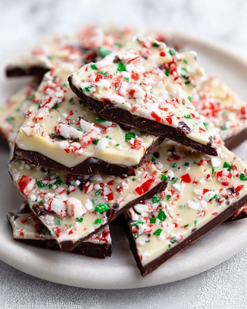 The image shows several pieces of peppermint bark arranged on a round white plate. The bark has two clear layers: a bottom layer of dark brown chocolate with a smooth texture and a top layer of white chocolate sprinkled with crushed red and green peppermint candy bits, giving a colorful, festive look. The pieces have rough, cracked edges and the white marbled surface beneath the plate adds an elegant touch. Photo taken with an iphone --ar 4:5 --v 7
