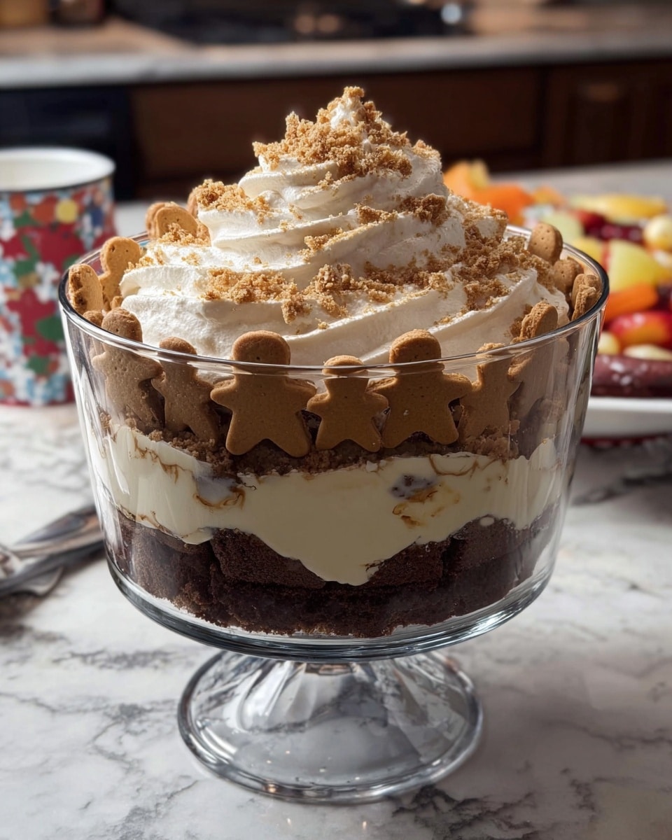 A clear glass bowl with a short stem holds a layered dessert on a white marbled surface. The bottom layer is a single row of beige gingerbread man cookies standing upright around the inside edge. Above the cookies is a thick dark brown layer, likely chocolate or cake crumbs. Then comes a thick creamy white layer that fills the bowl nearly to the top. The top is covered with whipped cream swirled high in the center and sprinkled with light brown crumb topping. In the background, there's a white marbled kitchen counter and a white marbled surface with fruit trays. Photo taken with an iphone --ar 4:5 --v 7