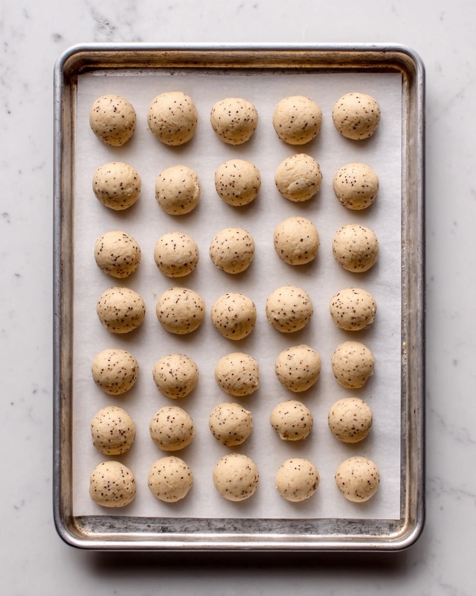 A metal tray lined with white baking paper holds 30 evenly spaced small dough balls in five rows and six columns. Each dough ball has a light cream color with some small dark seeds or grains visible on the surface, giving a textured look. The tray is set on a white marbled surface. photo taken with an iphone --ar 4:5 --v 7