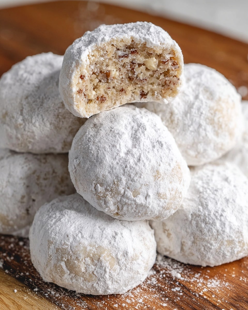 The image shows a close-up of seven round cookies with a thick layer of white powdered sugar on their surface, making them look soft and crumbly. One cookie is on top of the others, broken in half to show the inside. The inside has a light brown color with a grainy texture and small nut pieces scattered throughout. They sit on a wooden board that contrasts with the white powdered sugar on the cookie tops. The scene is simple and focuses on the cookies' powdery texture and nutty filling photo taken with an iphone --ar 4:5 --v 7