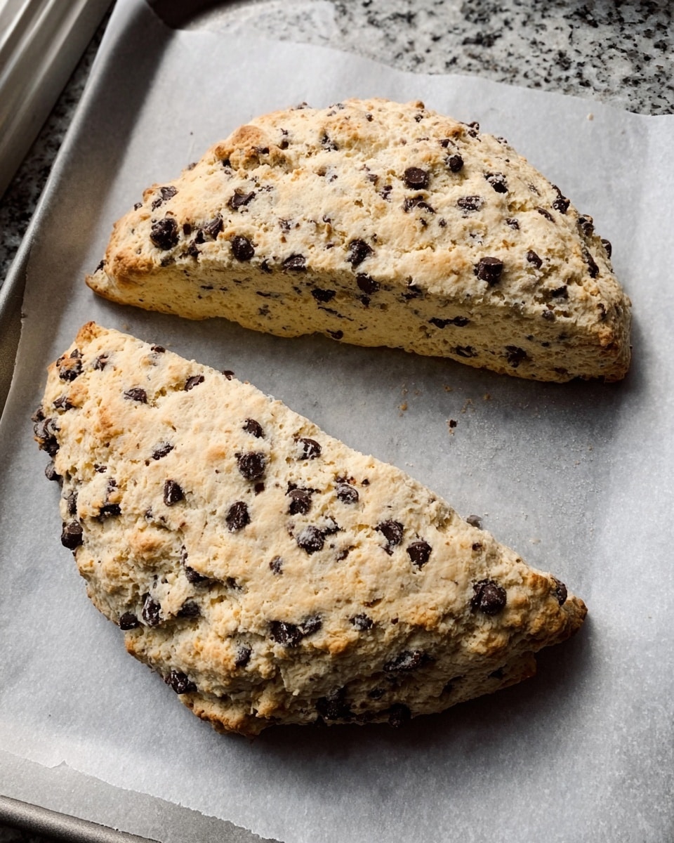 The image shows two large, half-moon shaped scones with a slightly rough and crumbly texture, dotted with many small dark chocolate chips spread evenly throughout. They rest on a sheet of parchment paper, which lies on a tray partly visible at the top left corner. The colors highlight a pale golden-brown dough contrasting with the dark chocolate chips. The background surface is a white marbled texture. photo taken with an iphone --ar 4:5 --v 7