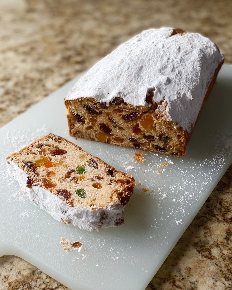A loaf of fruit bread dusted generously with white powdered sugar sits on a white cutting board with some crumbs around. The bread has a rough, uneven surface covered in white powder, and a slice cut from it shows a dense inside filled with colorful pieces of dried fruit in orange, dark brown, and green shades. The background is a white marbled texture. photo taken with an iphone --ar 4:5 --v 7