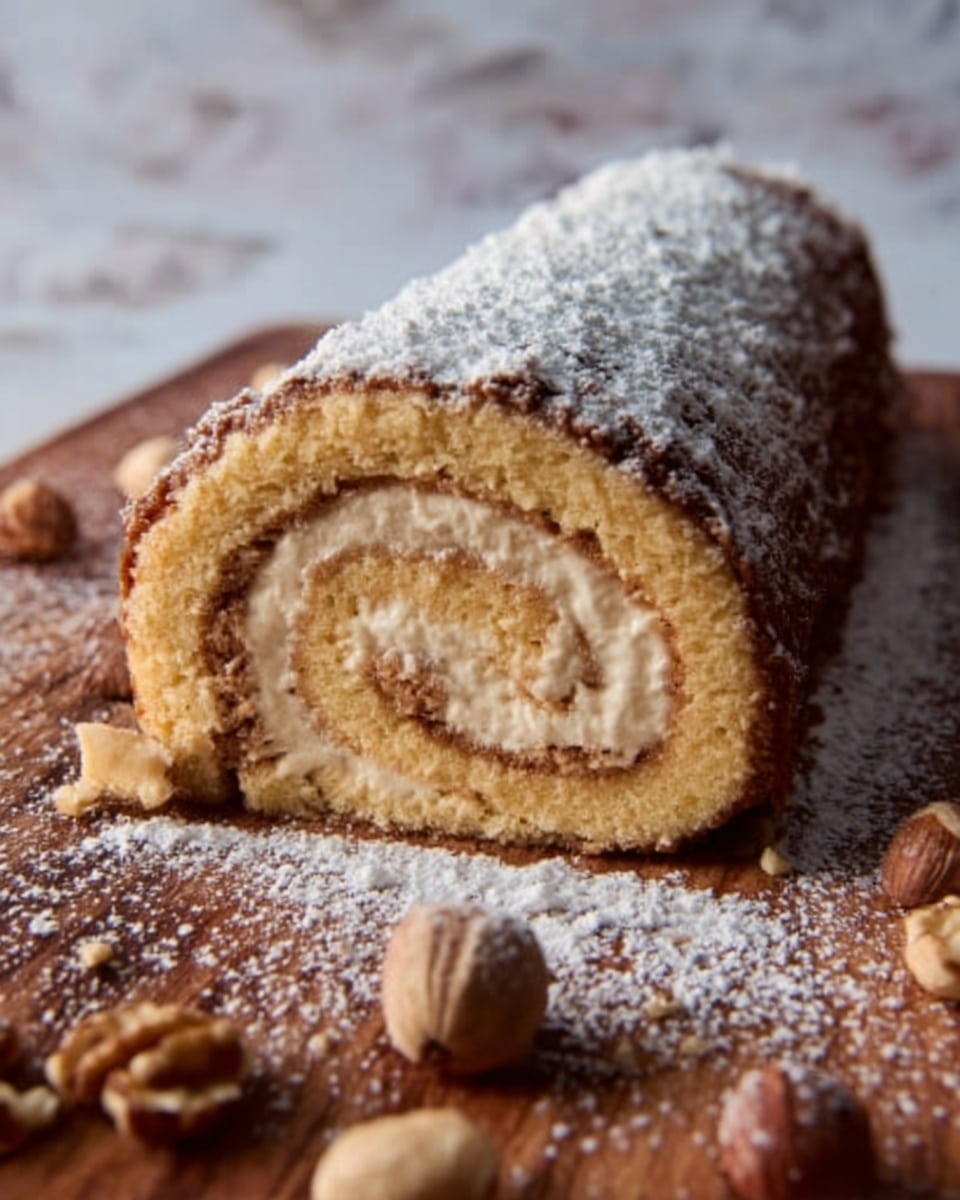 The image shows a rolled cake with a golden brown outer layer and a swirled light cream filling inside. The cake is dusted with white powdered sugar on top and rests flat on a wooden surface. Around the cake, there are small nuts scattered, adding texture and interest to the scene. The background is a white marbled texture. photo taken with an iphone --ar 4:5 --v 7