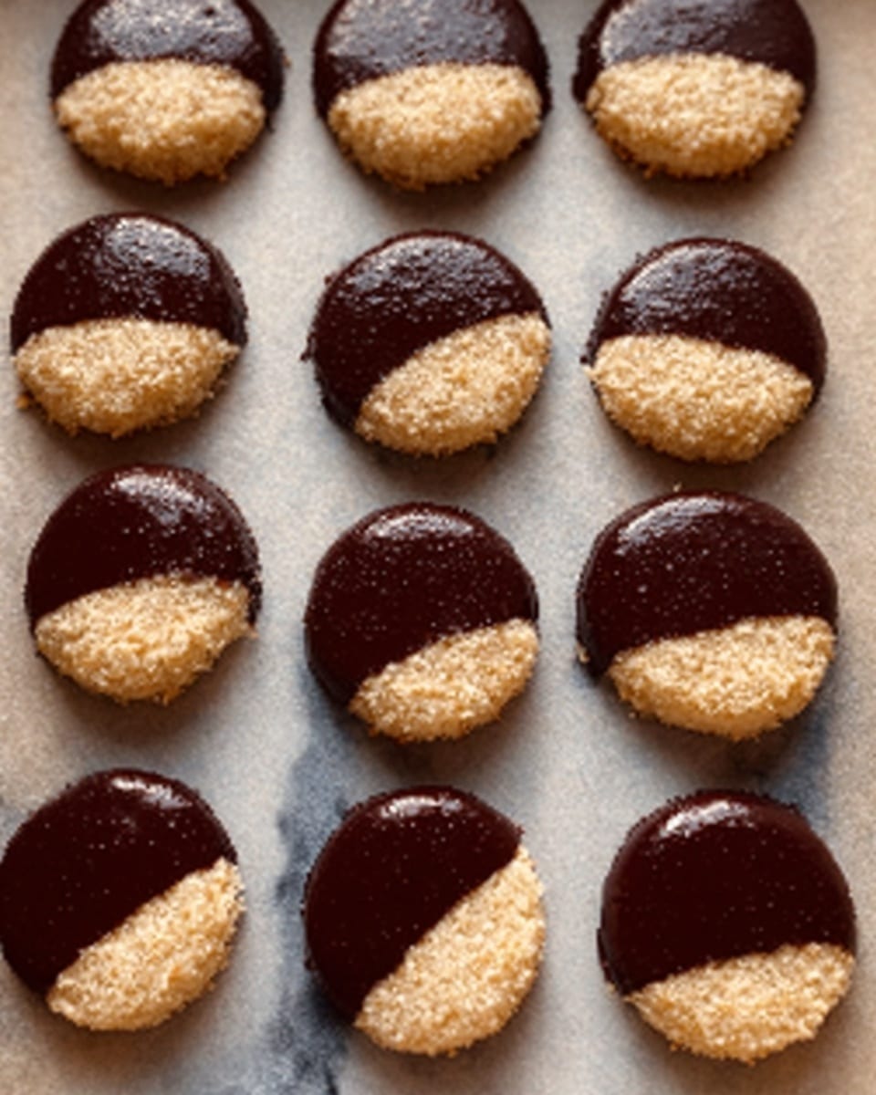 The image shows multiple round cookies on a white marbled surface, arranged in rows. Each cookie is half covered in smooth, dark chocolate on the top, while the bottom half is plain with a crumbly light beige texture. The contrast between the shiny, dark chocolate and the rough, pale cookie base is clear. The cookies are evenly spaced on a light beige baking paper that covers the white marbled surface. photo taken with an iphone --ar 4:5 --v 7