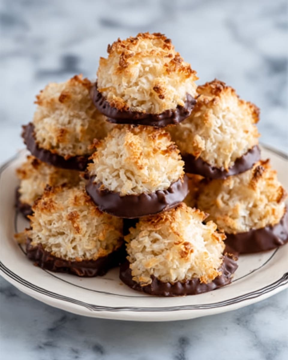 This image shows a stack of light golden coconut macaroons with a rough, crunchy texture on top, sitting on a white plate with a simple black line design. Each macaroon is dipped in dark chocolate at the bottom, creating a smooth, shiny dark layer that contrasts with the rough coconut top. The macaroons are piled neatly in a pyramid shape on the plate, which rests on a white marbled surface. The soft natural light highlights the toasted coconut’s texture and the chocolate’s gloss, making the cookies look fresh and inviting. photo taken with an iphone --ar 4:5 --v 7