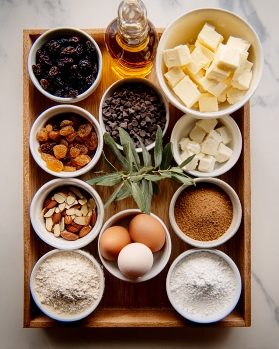 The image shows a wooden tray holding eleven small white bowls arranged neatly, each filled with different baking ingredients. Starting from the top left, there are dark raisins, next to a bottle of golden syrup or golden liquid honey, then dark chocolate chips, and light cream-colored cubes of butter. On the lower level from left to right, there are three eggs, sliced almonds, a brown spice powder, light brown soft sugar, white flour, granulated sugar, and brown sugar at the far right. A green herb sprig is placed decoratively in the middle. The background is a white marbled texture. Photo taken with an iphone --ar 4:5 --v 7