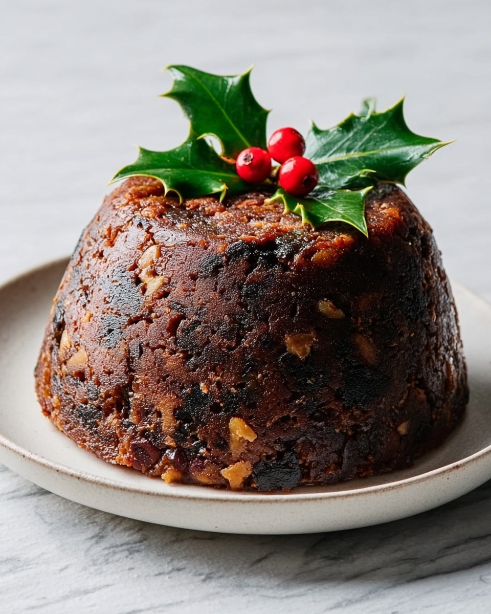 A round, dark brown pudding with a rough texture appears on a plain white plate. The pudding has visible bits of nuts and dried fruits embedded throughout its dense body. It is decorated on top with a small green holly leaf and bright red berries, adding a festive touch. The plate rests on a white marbled surface, and the lighting highlights the shiny, slightly uneven surface of the pudding. Photo taken with an iphone --ar 4:5 --v 7