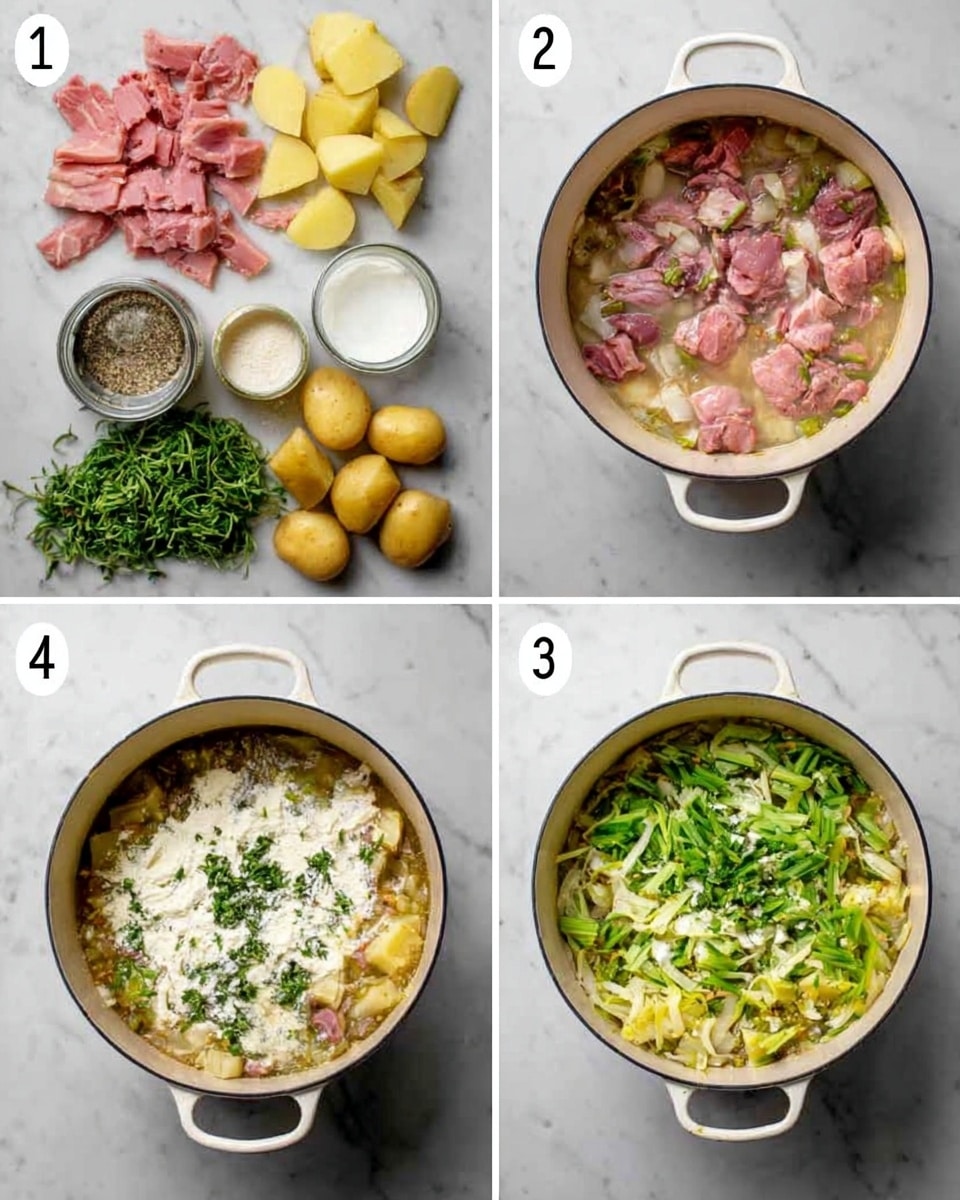 The image shows four steps of making a dish in a white pot on a white marbled surface. Step 1 shows raw ingredients arranged neatly, including sliced pink meat, yellow potatoes, green herbs, jars of salt, and white cream. Step 2 shows the white pot with pink meat pieces cooking in a light sauce. Step 3 shows the pot with chopped green vegetables added on top of the meat, creating a fresh layer of color. Step 4 shows the pot with the green vegetables cooked down and topped with white cream and green herbs, making a creamy textured top layer. Photo taken with an iphone --ar 4:5 --v 7