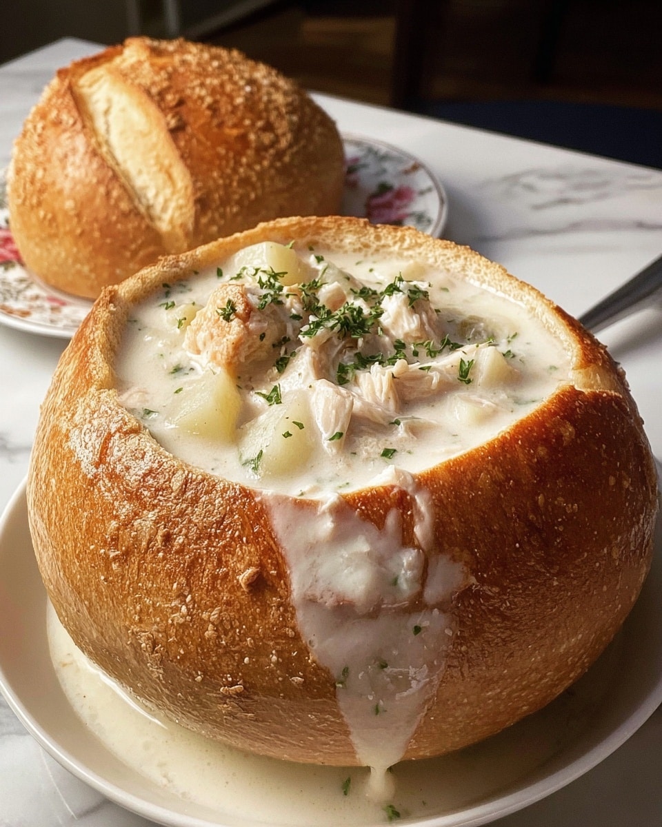 A round hollow bread bowl filled with thick, creamy white soup mixed with small pieces of light beige chicken and translucent potato chunks, topped with green herb sprinkles. The bread bowl has a golden-brown crust with a rough texture, and a matching bread lid rests behind it. A drop of soup drips down the side of the bread bowl. The bowl sits on a white plate with a floral pattern, placed on a white marbled surface. Photo taken with an iphone --ar 4:5 --v 7