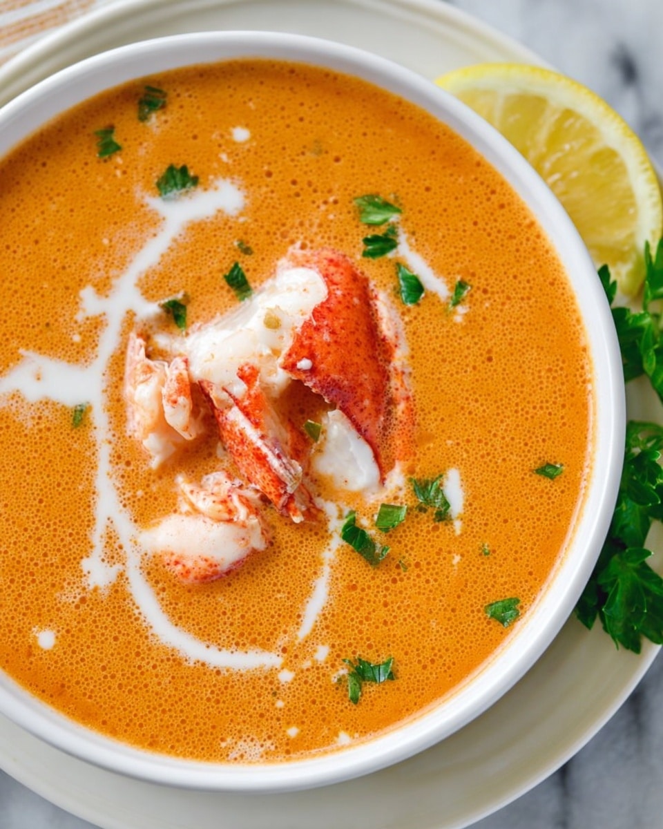 A white bowl filled with rich orange lobster bisque soup with a smooth, creamy texture. The top layer shows chunks of lobster meat in white and pinkish-red tones, some fully submerged and some sitting on the surface, with a streak of white cream swirled around the lobster. The bowl is placed on a white plate with fresh green parsley and a wedge of yellow lemon on the white marbled surface around it. Photo taken with an iphone --ar 4:5 --v 7