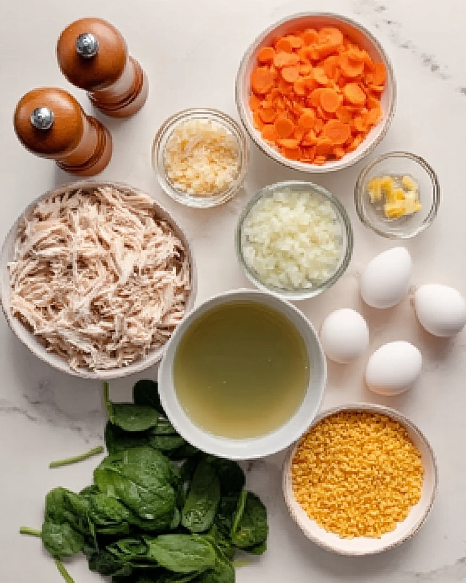 A top view of several white bowls and a white cup arranged on a white marbled surface, each containing different ingredients. There is one large bowl with shredded cooked chicken that is pale beige, a medium bowl with orange carrot slices, a small bowl of chopped white onions, a small bowl with minced garlic that is pale yellow, and a bowl of dry yellow pasta or lentils. Also present is a clear cup with light brown broth and another with light green liquid, two white eggs next to the bowls, and a bunch of fresh dark green spinach leaves at the bottom. Two wooden salt and pepper shakers stand in the top left corner. Photo taken with an iphone --ar 4:5 --v 7