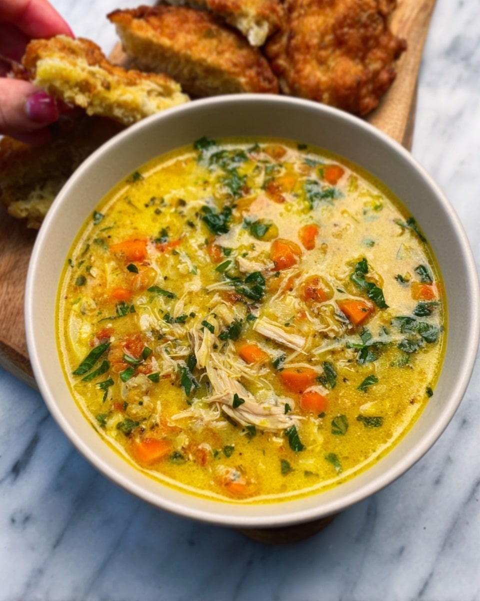 A white bowl filled with a thick soup that has a yellow base with visible pieces of shredded chicken, small orange carrot cubes, and green leafy bits floating throughout. The soup looks rich and chunky with a slightly creamy texture. Behind the bowl, pieces of fried food with a crisp golden brown crust rest on a white marbled surface. A woman's hand holding a piece is seen at the top left corner. Photo taken with an iphone --ar 4:5 --v 7