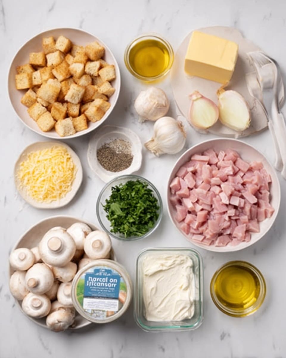 A white marble surface displays ingredients neatly arranged in bowls and containers. There is a white bowl filled with small, cubed pieces of raw chicken, a white bowl holding golden croutons, and a white bowl with diced pink ham. Nearby are a small dish of black pepper and salt, a peeled yellow onion, and a container of mixed green herbs. There is also a block of yellow butter, a small amount of chopped garlic, a container of grated light yellow cheese, a small jar of cream labeled