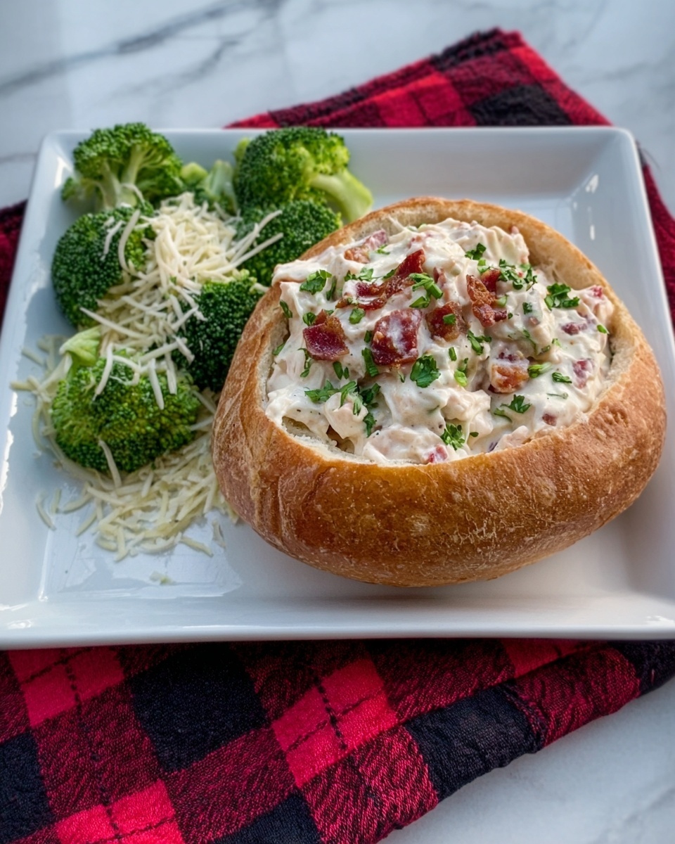 The image shows a white rectangular plate on a white marbled surface. On the right side of the plate is a round, hollowed-out bread bowl filled with creamy chicken salad mixed with small pieces of chicken and garnished with chopped green herbs and bits of red tomato. On the left side of the plate is a small bunch of bright green broccoli florets, sprinkled lightly with shredded white cheese. The background includes a red and black checkered cloth under the plate. Photo taken with an iphone --ar 4:5 --v 7
