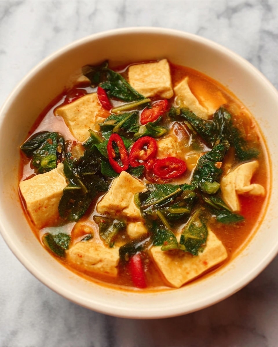 A white bowl filled with a soup that shows multiple layers: the bottom layer is a reddish-orange broth, above it are pieces of tofu that look soft and light yellow, some green leafy vegetables mixed in, and small slices of red chili peppers scattered around the top. The bowl sits on a white marbled surface. The tofu pieces have a smooth texture and are slightly square-shaped, while the greens curl softly around them. photo taken with an iphone --ar 4:5 --v 7