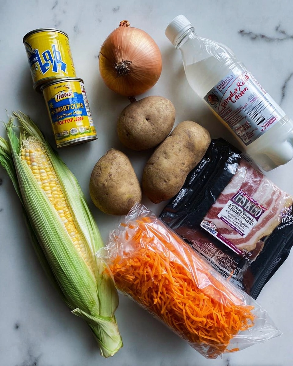 A collection of raw cooking ingredients is arranged on a white marbled surface, including a whole onion with its papery skin, two unpeeled potatoes with rough brown skin, an ear of corn with green husk and silks, a pack of sliced bacon wrapped in black packaging, two small yellow cans labeled chopped clams stacked on top of each other, a white plastic bottle labeled half & half, a clear glass bottle with clam juice labeled in bright yellow and blue, and a clear plastic bag of shredded bright orange carrots. photo taken with an iphone --ar 4:5 --v 7