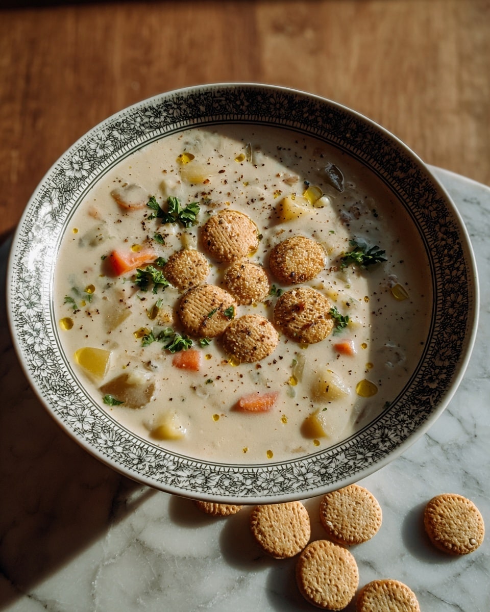 A white bowl with a detailed dark floral rim holds creamy white soup with small chunks of orange carrot and pale potato inside. On top, there is a layer of round, light-brown crackers spread mostly in the center, sprinkled with black pepper and small green parsley leaves. Some crackers are scattered outside the bowl on a wooden table, which is replaced by a white marbled texture. The soup looks smooth with some yellow oil drops on the surface, and the photo is taken in warm natural light with soft shadows. photo taken with an iphone --ar 4:5 --v 7