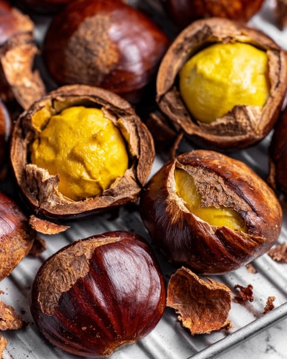 A close-up view of several roasted chestnuts placed on a silver grill tray with ridges, some shells cracked open revealing bright golden-yellow kernels inside, with rough brown shells and bits of broken shell pieces scattered around. The textures show the shiny smoothness of the chestnut shells in contrast with the wrinkled surface of the inside nut. The background is a white marbled texture. photo taken with an iphone --ar 4:5 --v 7