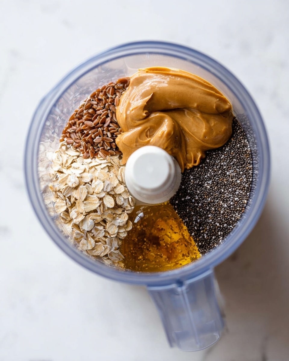 A clear container with visible layers of ingredients inside shows a mix of oats at the bottom left, brown flax seeds next to it at the top left, black chia seeds near the bottom right, sticky golden honey on the bottom right corner, and a smooth dollop of peanut butter at the top right. The container is placed on a white marbled surface, and the white part of a kitchen appliance is placed nearby. photo taken with an iphone --ar 4:5 --v 7