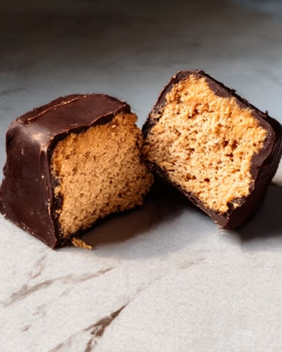 The image shows two pieces of a dessert resembling a chocolate-covered peanut butter treat on a white marbled surface. Each piece has a thick outer layer of smooth, shiny chocolate brown coating. Inside, there is a crumbly and dense light tan layer with a rough texture. One piece is shown with the crumbly layer more visible, while the other highlights the smooth chocolate top and edges. The pieces are positioned side by side with the inner textures facing forward. Photo taken with an iphone --ar 4:5 --v 7