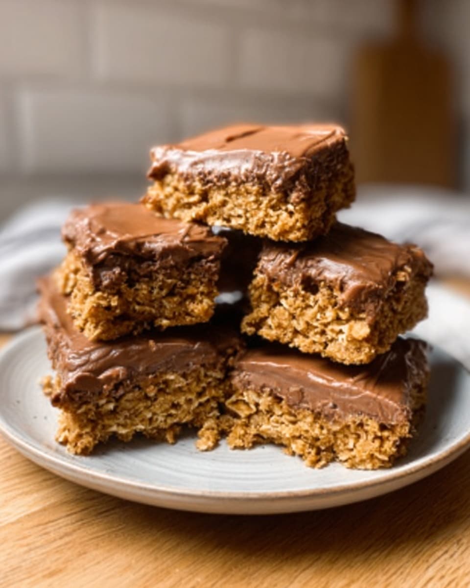 A stack of five square oat bars sits on a white plate placed on a white marbled surface. The bottom layer of each bar is a dense, textured golden oat mixture. The top layer is thick, smooth, and shiny milk chocolate spread evenly over the oat base. The bars have rough edges showing the oat texture, and the chocolate layer contrasts with its smoothness. The background is dimly lit kitchen wood and white tiles in soft focus. Photo taken with an iphone --ar 4:5 --v 7