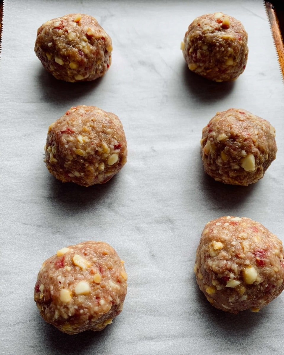 Six uncooked meatballs are spread apart on white baking paper over a tray. Each meatball is round with a rough texture, showing small chunks of cheese mixed with light brown and pinkish ground meat. The background is a white marbled surface. photo taken with an iphone --ar 4:5 --v 7