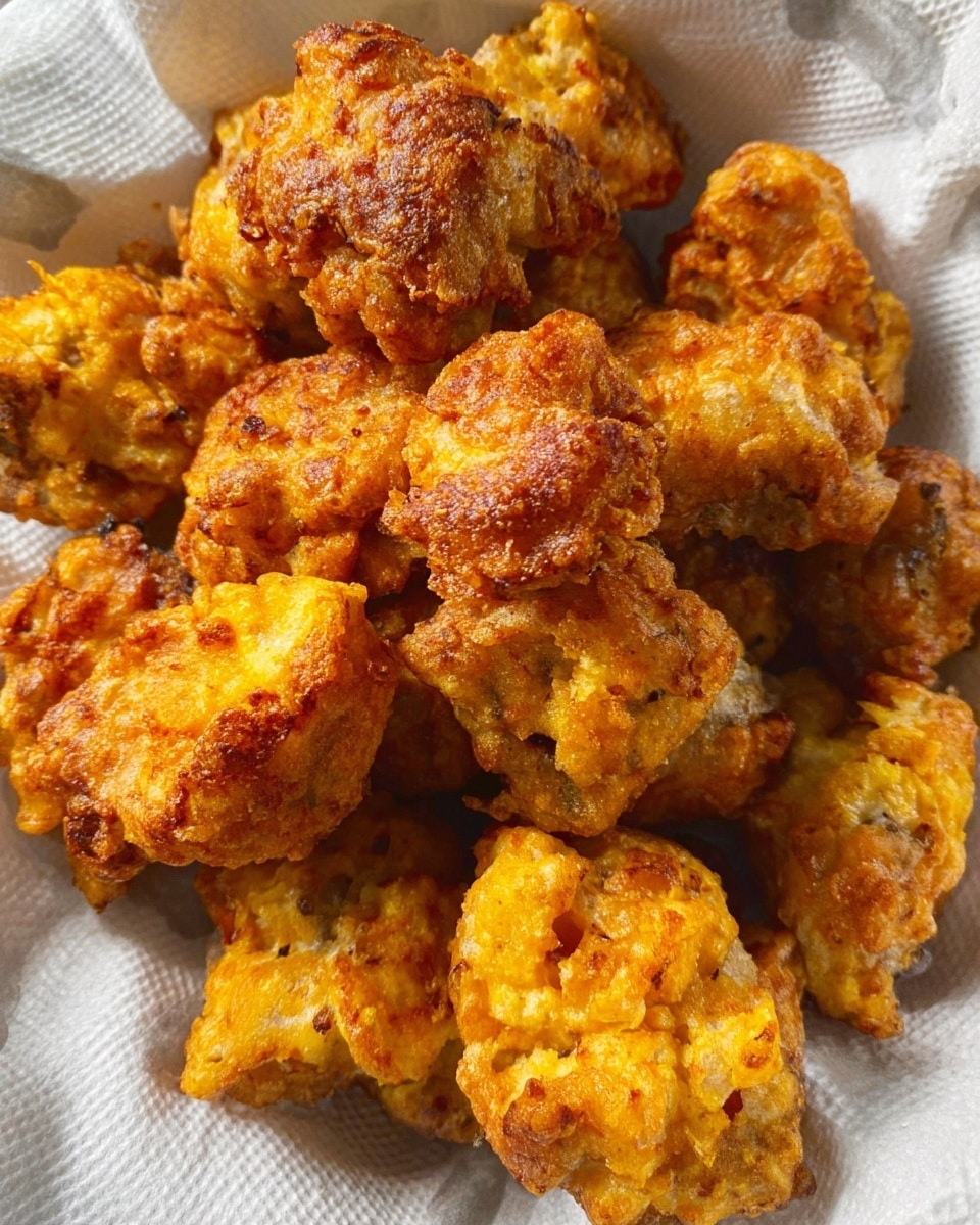 The image shows a close-up of many pieces of fried food piled together on a white paper towel, which helps soak up extra oil. The fried pieces have a golden brown and light orange color with a crispy, rough texture that looks crunchy. The pieces vary in size and shape, with some darker and some lighter browned spots visible on the surface. The background is a white marbled texture. Photo taken with an iphone --ar 4:5 --v 7