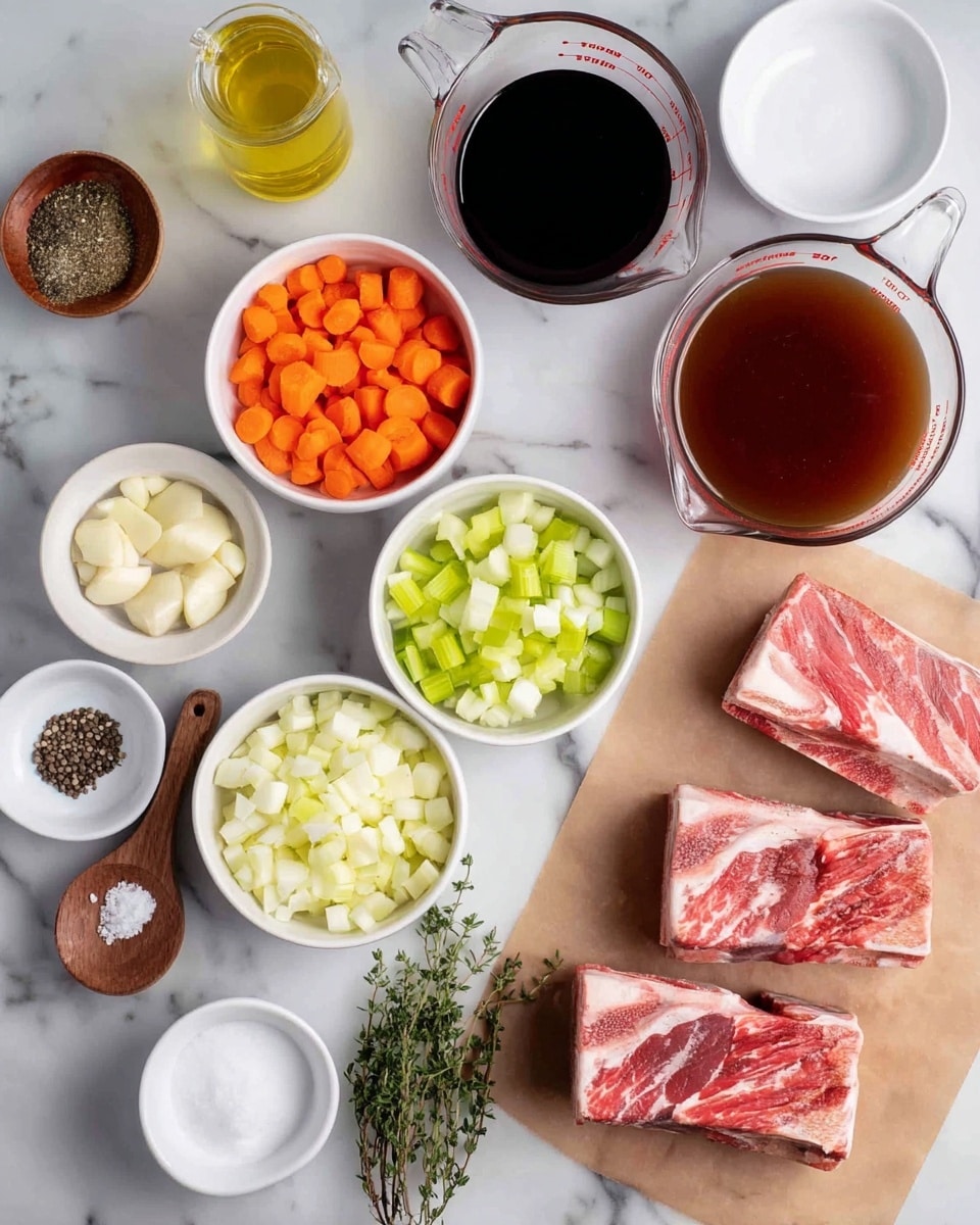 The image shows a top-down view of cooking ingredients arranged on a white marbled surface. In the center bottom, there are four raw beef ribs with a red and white marbled texture, placed on brown parchment paper. Around them, there are several small white bowls containing different ingredients: bright orange chopped carrots in one bowl, pale green chopped celery in another, white chopped onions in a third, and sliced garlic cloves in a smaller bowl. There is also a small bowl of fresh green thyme leaves and a tiny white bowl with black ground pepper. Two glass measuring cups hold a dark red liquid and a brown broth, respectively. Additionally, there is a wooden small bowl of white salt and a small white cup of a dark sauce. A clear bottle of yellow oil is placed near the top left corner. Photo taken with an iphone --ar 4:5 --v 7