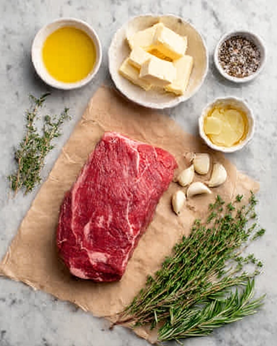 The image shows a raw piece of red meat placed on brown parchment paper in the center of a white marbled surface. Surrounding the meat are small white bowls filled with salt, butter cubes, yellow liquid (likely oil or melted butter), and sliced garlic. Next to the meat, there are fresh green sprigs of rosemary and thyme. The ingredients are neatly arranged around the meat in a balanced way, creating a clean and organized look. Photo taken with an iphone --ar 4:5 --v 7