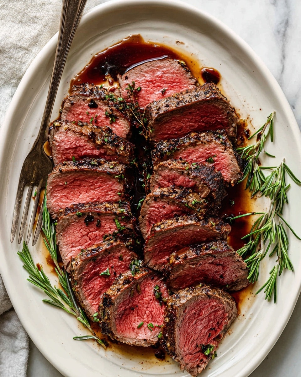 A white round plate holds eleven thick slices of medium-rare beef arranged in a rough oval shape in two layers, the bottom layer slightly overlapping and the top layer fanned out on top, showing pink centers with a brown, herb-coated crust. Dark brown sauce with visible garlic and herbs is drizzled around and beneath the meat, pooling in some spots. Fresh green rosemary sprigs are placed around the edges of the plate adding a touch of color. A vintage silver fork leans on the left side of the plate. The plate is set on a white marbled surface. photo taken with an iphone --ar 4:5 --v 7