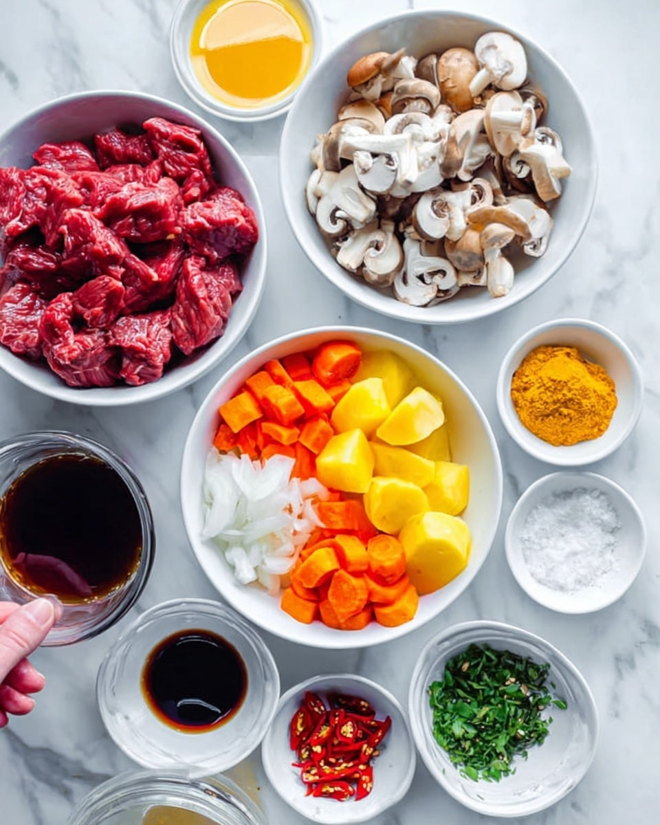 The image shows several white bowls on a white marbled surface, each filled with different food ingredients. There are two medium-sized bowls in the center: one with raw red beef chunks, and the other with sliced mushrooms, small white onions, bright orange carrot pieces, and large yellow potato pieces arranged together. Around these, smaller white bowls hold a dark brown sauce, bright red dried peppers, white powder (likely salt or cornstarch), dark brown thick sauce, bright red liquid, orange-yellow paste, chopped green herbs, and a golden-yellow paste. A glass cup with dark brown liquid sits to the side. A woman's hand is lightly touching one of the bowls. The overall look is clean, colorful, and organized. Photo taken with an iphone --ar 4:5 --v 7