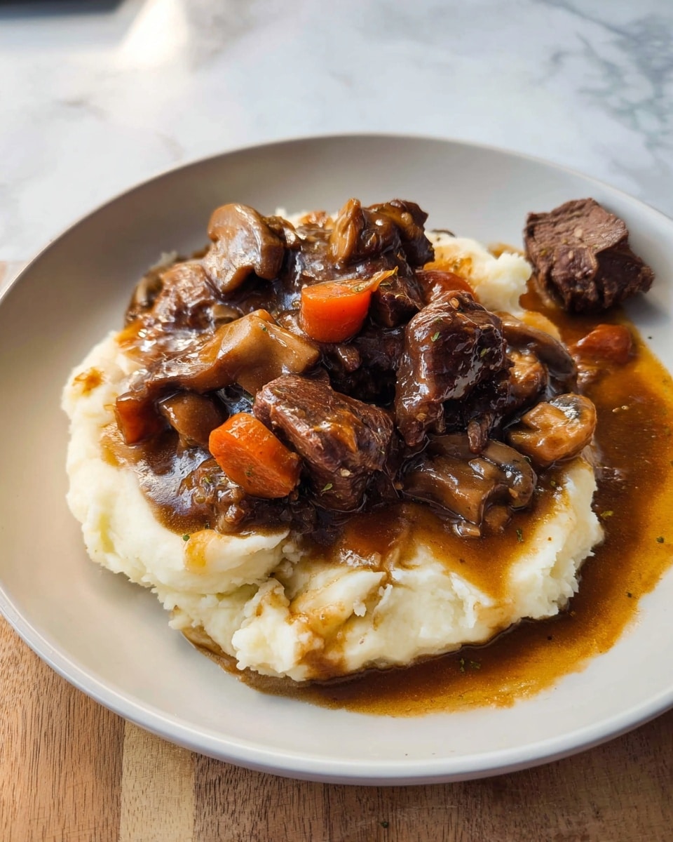 A white plate holds a two-layer dish placed on a white marbled surface. The bottom layer is a smooth, creamy white mashed potato spread in an uneven oval shape. On top of this is a thick stew with chunks of dark brown meat, orange carrot slices, and pieces of light brown mushrooms, all coated in a rich, shiny brown sauce that slightly spreads onto the plate. A small piece of meat sits beside the main pile on the right side of the plate. The lighting creates a warm and inviting look, with soft shadows under the plate and food. photo taken with an iphone --ar 4:5 --v 7