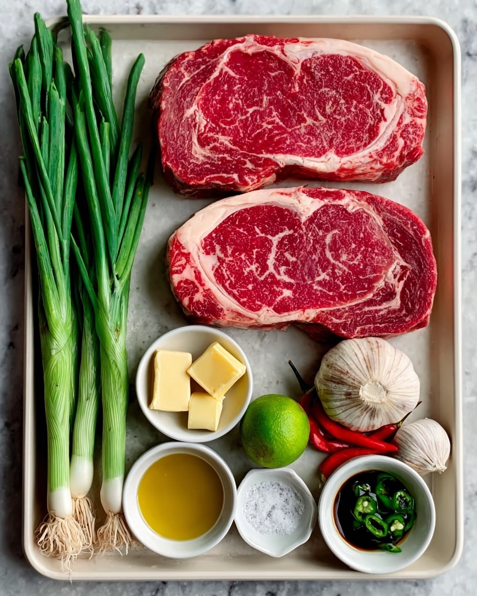 The image shows two raw steaks placed side by side on a white tray, resting on a white marbled surface. Below, a second white tray features several ingredients neatly arranged: green onions with long green stalks, two red chili peppers, a whole garlic bulb, a small bowl with three pats of yellow butter, a lime, a small piece of yellow ginger, a quiet bundle of green herbs, and three small white bowls containing clear oil, a darker liquid sauce, and a small amount of salt. The colors are rich and natural, with the red meat contrasting against the white trays and marbled surface. photo taken with an iphone --ar 4:5 --v 7