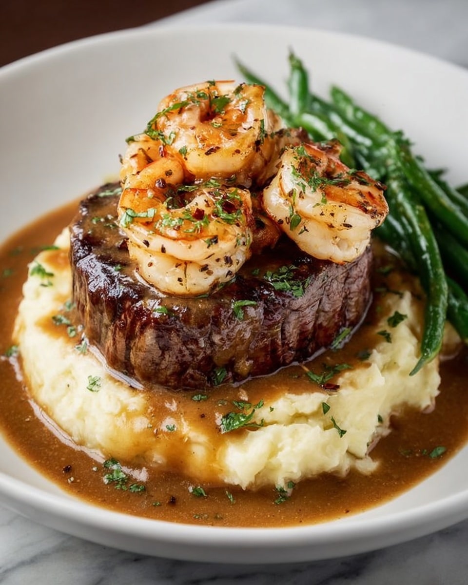 A white plate shows a dish with three main layers; the bottom layer is creamy mashed potatoes, soft and pale in color, spread evenly in a circle. On top of this is a thick, dark brown cooked steak with a slightly crispy seared edge. The steak is covered with a brown gravy that drips onto the mashed potatoes. Sitting on the steak are about seven golden-brown grilled shrimp sprinkled with small green parsley pieces. To the side of the steak and potatoes is a small pile of shiny green beans. The entire dish is placed on a white marbled surface. photo taken with an iphone --ar 4:5 --v 7
