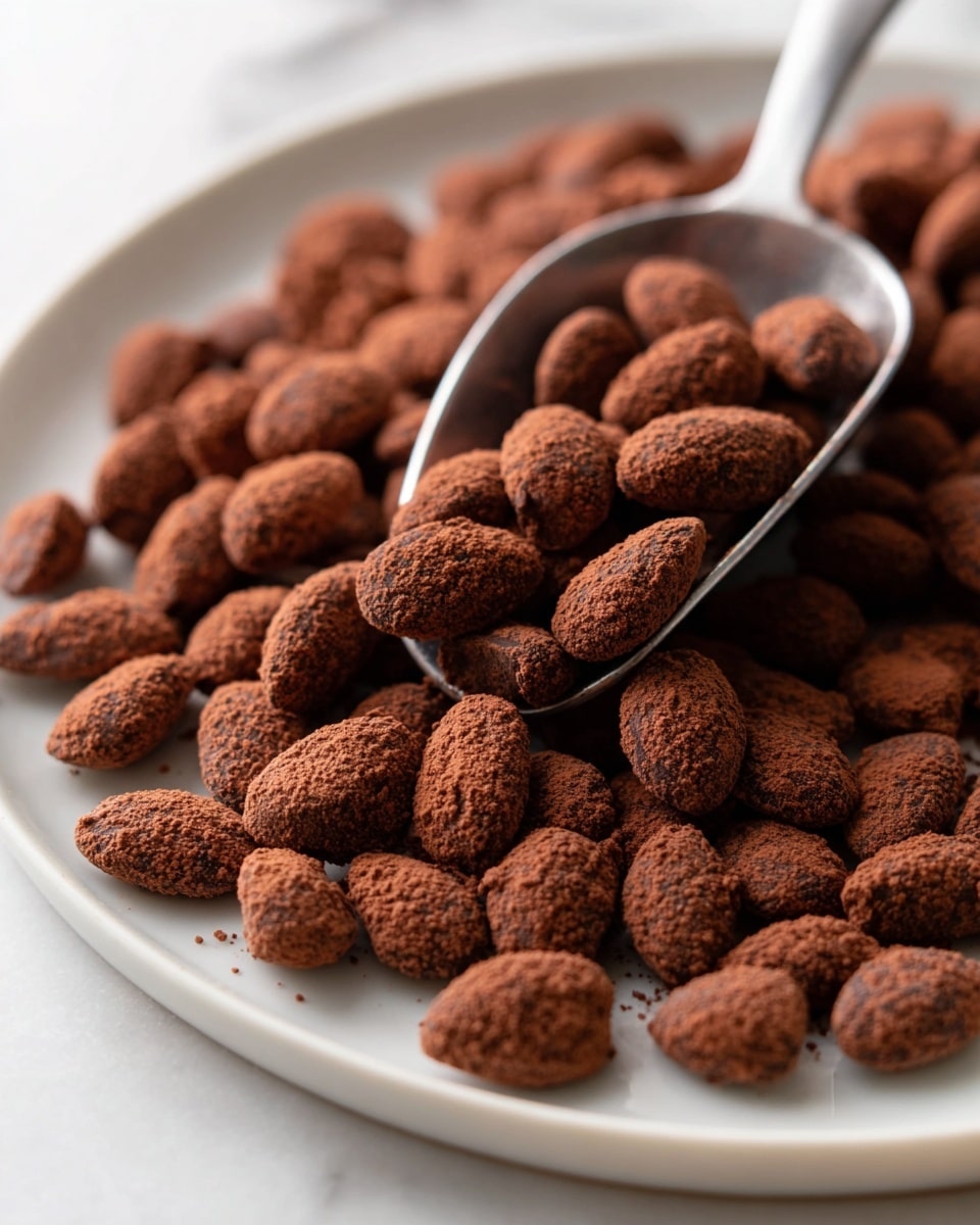 A close-up view of many small, rough-textured, dark brown cocoa-coated almonds lying on a white plate with a slightly raised edge. A silver metal scoop rests partially inside the pile of almonds, angled diagonally from the back left to the front center. The almonds have a dry, powdery cocoa coating with uneven surfaces, creating a rustic look. The background and surface are a smooth white marbled texture. Photo taken with an iphone --ar 4:5 --v 7