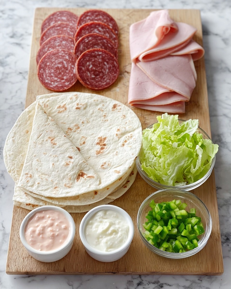The image shows two wooden cutting boards on a white marbled surface. The top board has two stacks of sliced deli meats: the left stack is thin, round salami slices in dark red tones with white fat specks, and to the right are irregular, light pink slices of ham with a smooth texture. The bottom board has two folded white flour tortillas with light brown spots, positioned side by side. In front of the tortillas are four small white bowls and a clear glass bowl; the white bowls hold a pink creamy sauce with small chunks, fresh chopped light green lettuce with some darker green parts, and smooth white cream cheese. The clear glass bowl contains finely chopped green bell peppers. The photo taken with an iphone --ar 4:5 --v 7