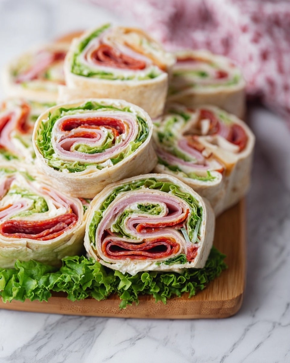 The image shows several rolled sandwich wraps stacked on a wooden board with some green lettuce leaves at the bottom. Each wrap has multiple layers including a soft, light beige tortilla on the outside, followed by bright green leafy lettuce, thin slices of pink ham, pale cream cheese or white cheese, and bright red slices of pepperoni or similar cured meat. The wraps are sliced to show the spiral layers inside, with the different colors and textures tightly rolled together. The board is placed on a white marbled surface with a blurry pink and white cloth in the background. photo taken with an iphone --ar 4:5 --v 7