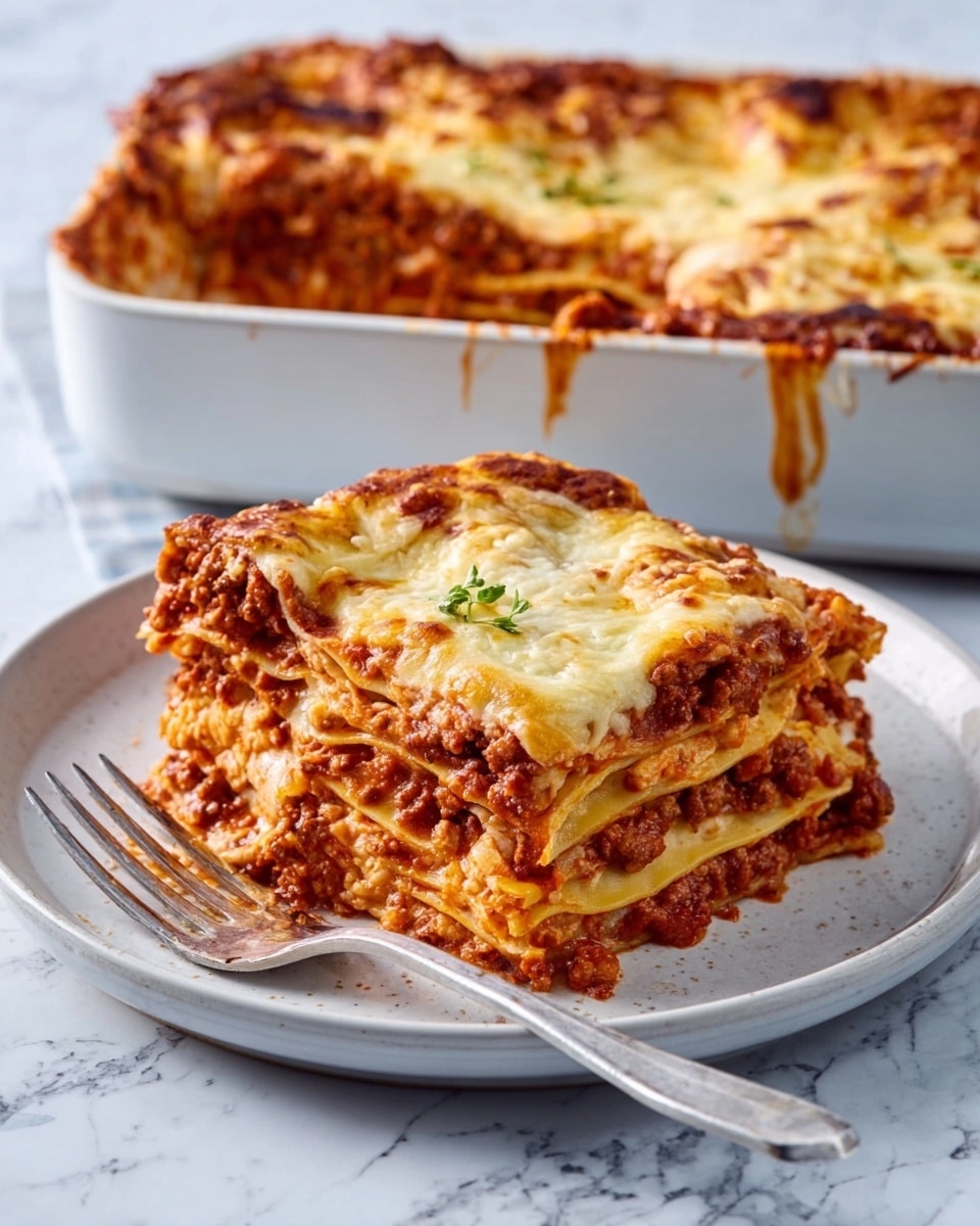 The image shows a thick slice of lasagna on a white plate with a silver fork beside it. The lasagna has multiple layers, starting from a bottom layer of pasta sheets that are light yellow and smooth. Above the pasta, there is a rich, chunky red meat sauce mixed with small bits of tomato, followed by a thick layer of melted, golden brown cheese that appears slightly crisp on top. This layering repeats, showing another pasta layer, then more meat sauce, and topped again with a generous amount of melted cheese that looks soft with some browned spots. In the background, there is a white baking dish filled with the remaining lasagna, showing the browned, bubbly cheese surface on top. The setting has a white marbled surface. Photo taken with an iphone --ar 4:5 --v 7